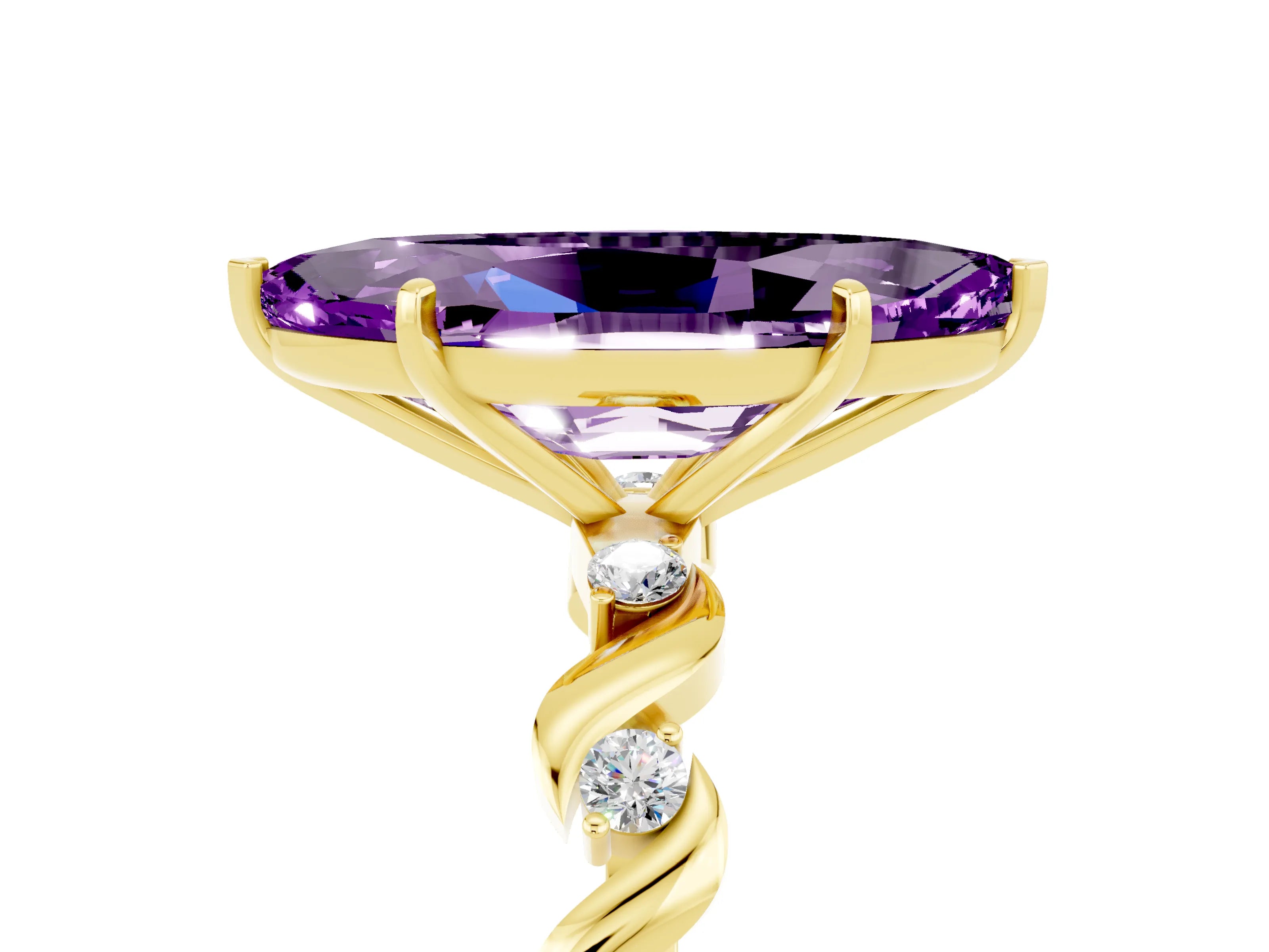 Yellow gold Marquise Cut Amethyst Solitaire Twisted Band with Round  Accents and Prong Setting_17