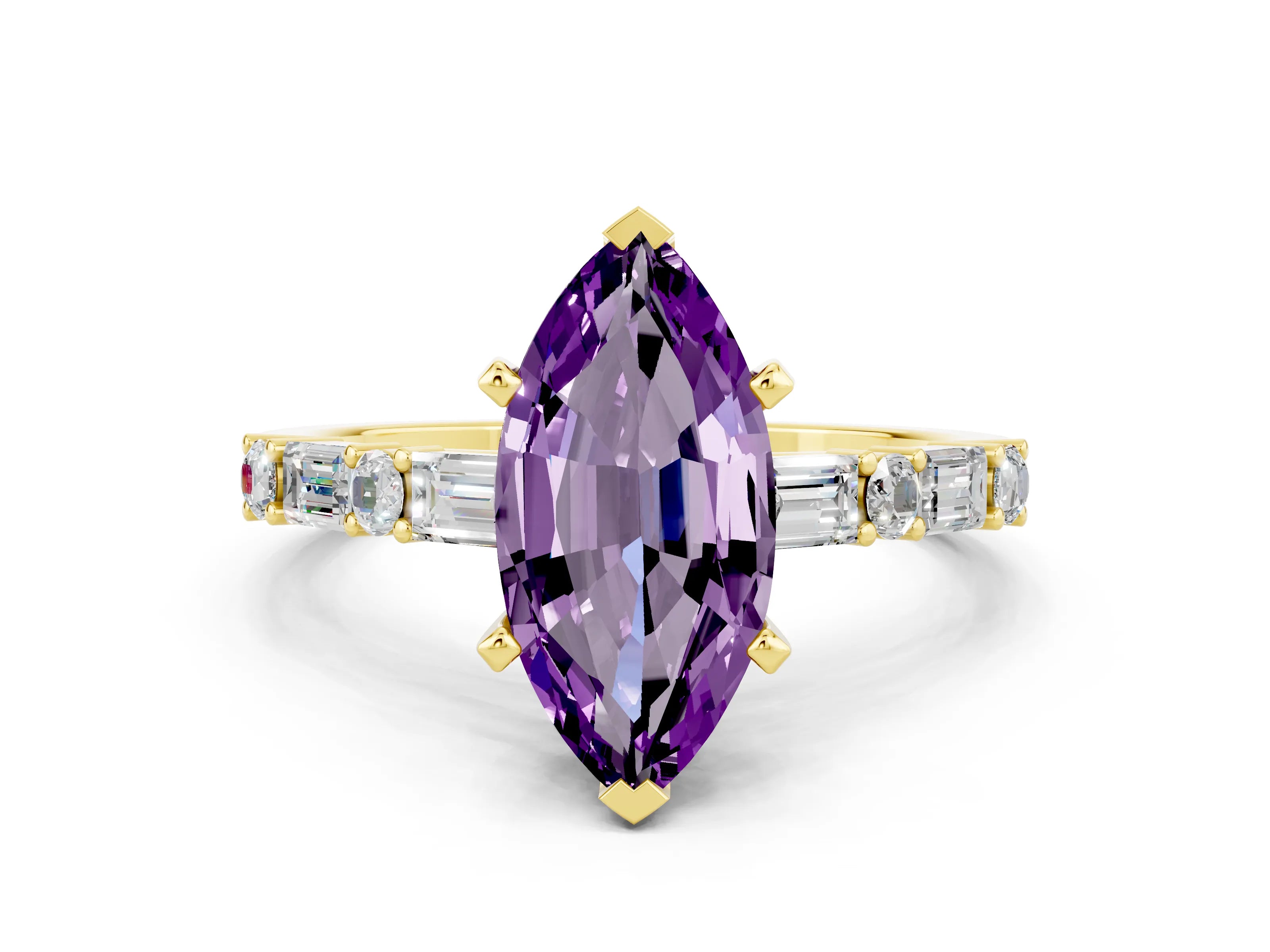 Yellow gold Marquise Cut Amethyst Solitaire with Side Baguettes and Channel Set Band