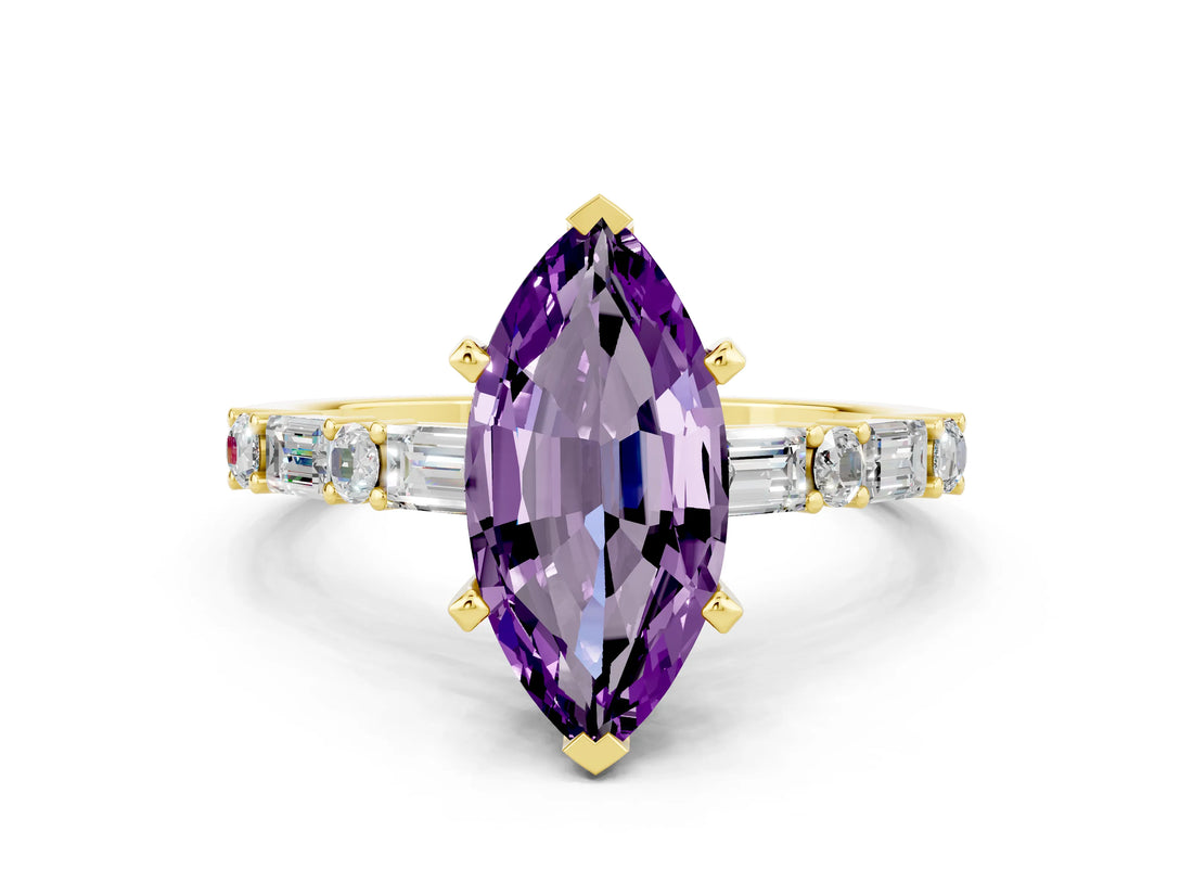 Yellow gold Marquise Cut Amethyst Solitaire with Side Baguettes and Channel Set Band