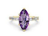 Yellow gold Marquise Cut Amethyst Solitaire with Side Baguettes and Channel Set Band