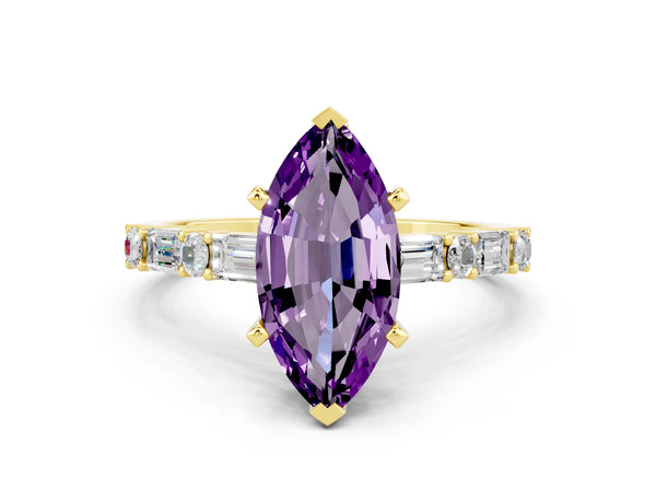 Yellow gold Marquise Cut Amethyst Solitaire with Side Baguettes and Channel Set Band