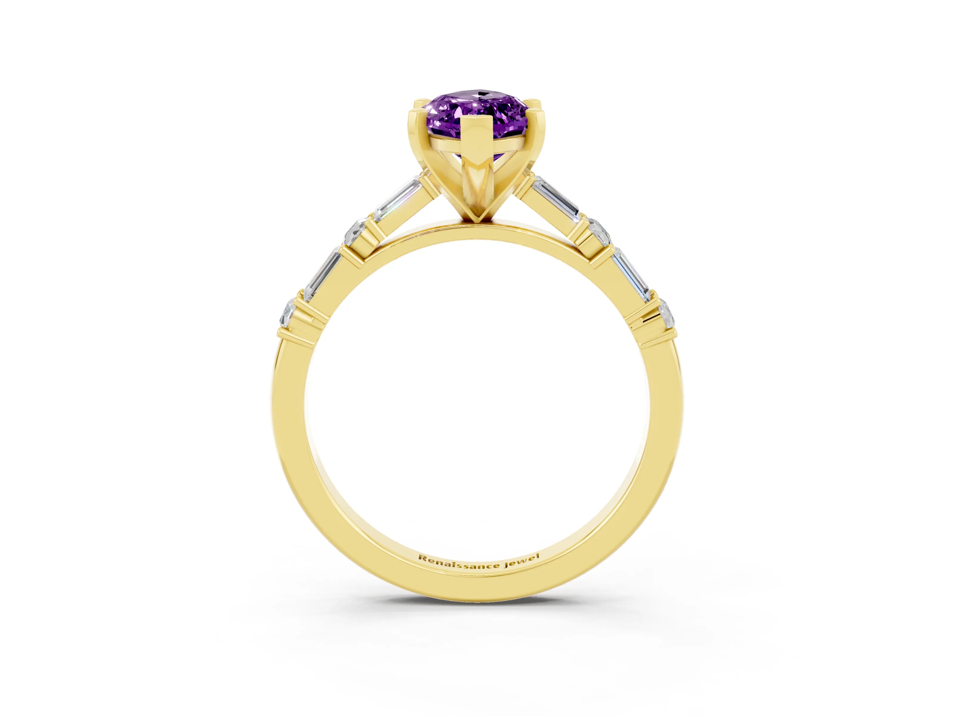 Yellow gold Marquise Cut Amethyst Solitaire with Side Baguettes and Channel Set Band_3