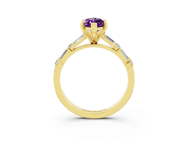 Yellow gold Marquise Cut Amethyst Solitaire with Side Baguettes and Channel Set Band