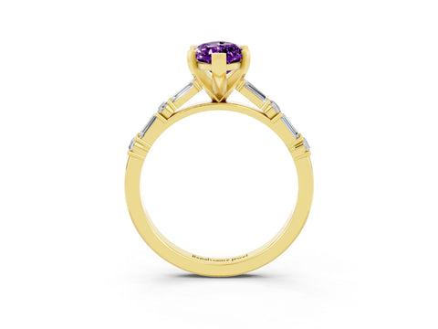 Yellow gold Marquise Cut Amethyst Solitaire with Side Baguettes and Channel Set Band_3