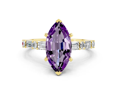 Yellow gold Marquise Cut Amethyst Solitaire with Side Baguettes and Channel Set Band
