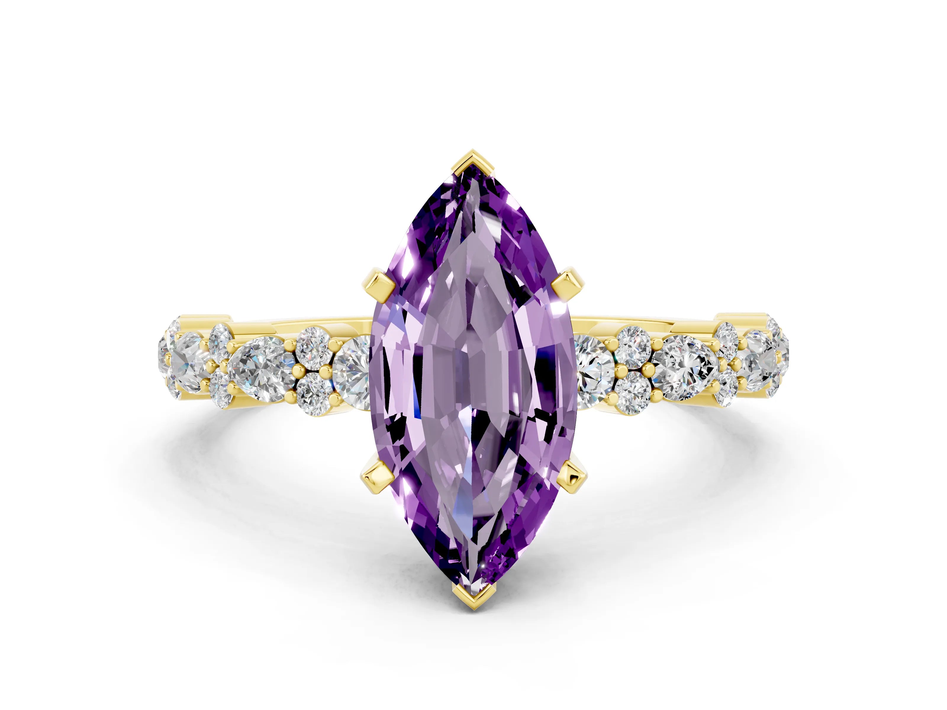 Yellow gold Marquise Cut Amethyst Solitaire with Side Stones, Pave Band, Four-Prong Setting_24