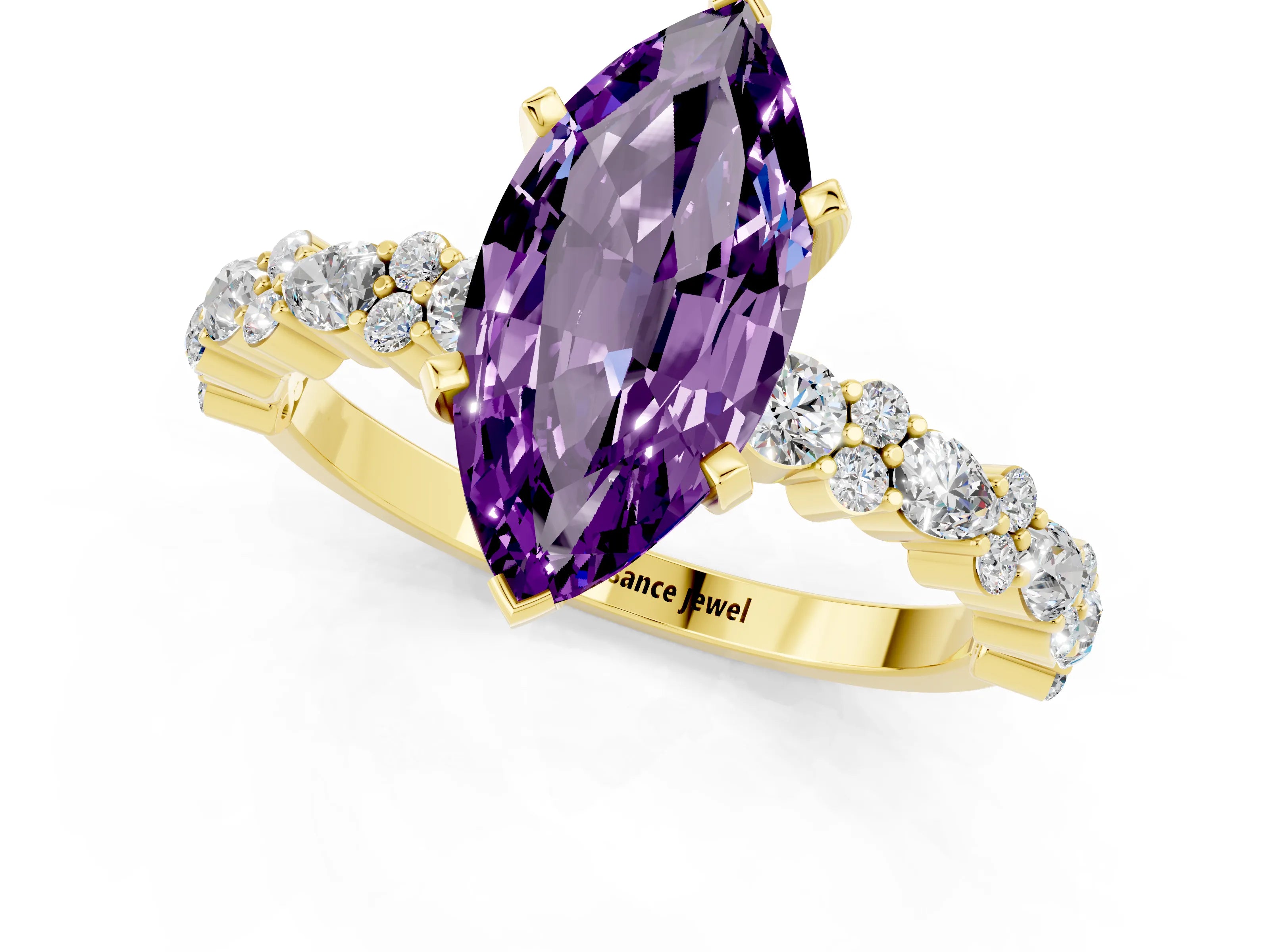 Yellow gold Marquise Cut Amethyst Solitaire with Side Stones, Pave Band, Four-Prong Setting_25