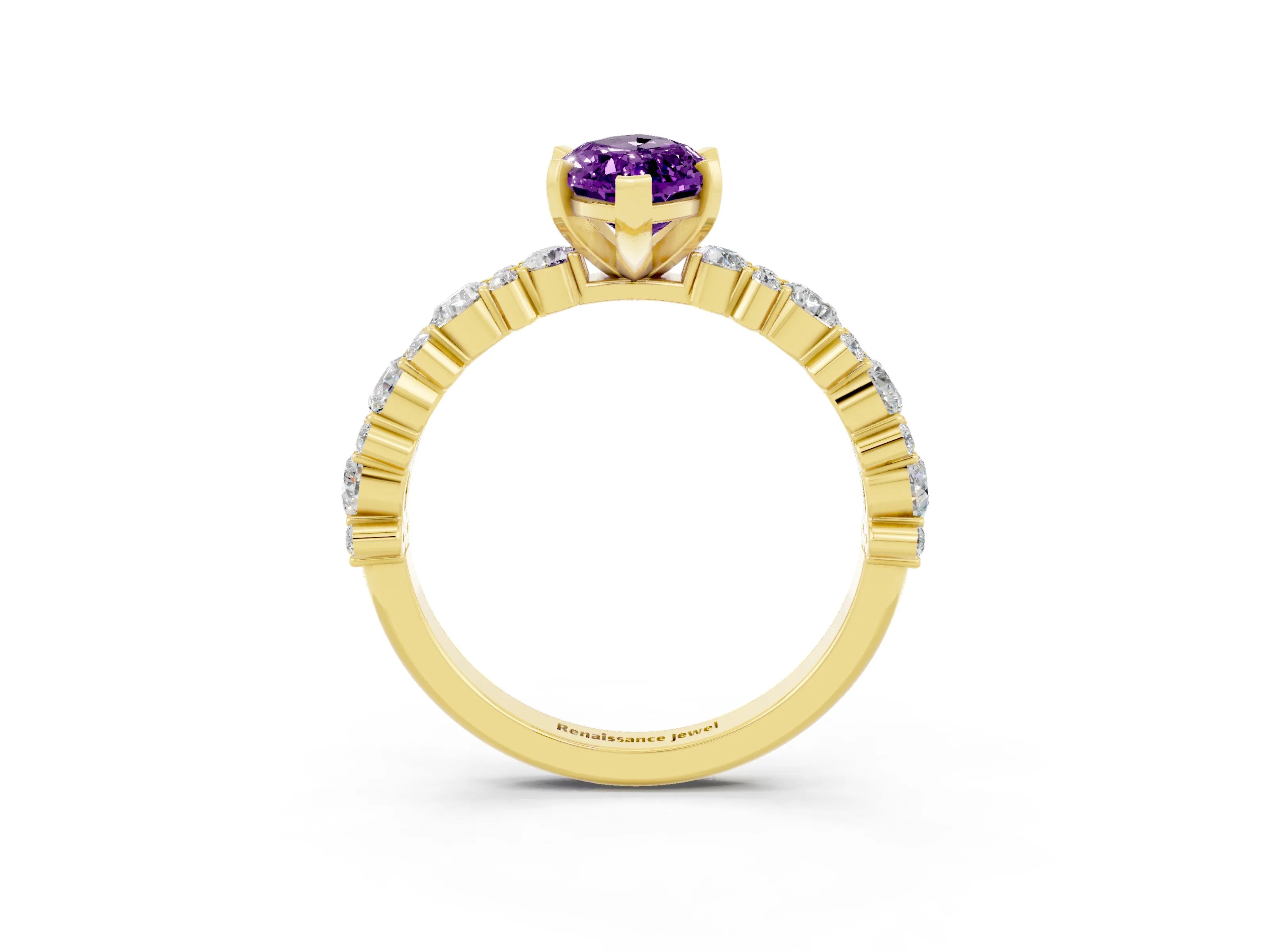 Yellow gold Marquise Cut Amethyst Solitaire with Side Stones, Pave Band, Four-Prong Setting_27