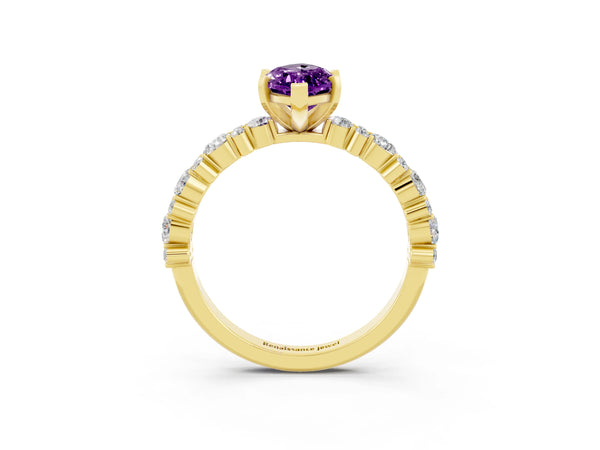 Yellow gold Marquise Cut Amethyst Side Stone Solitaire Ring with Round  and Four-Prong Setting