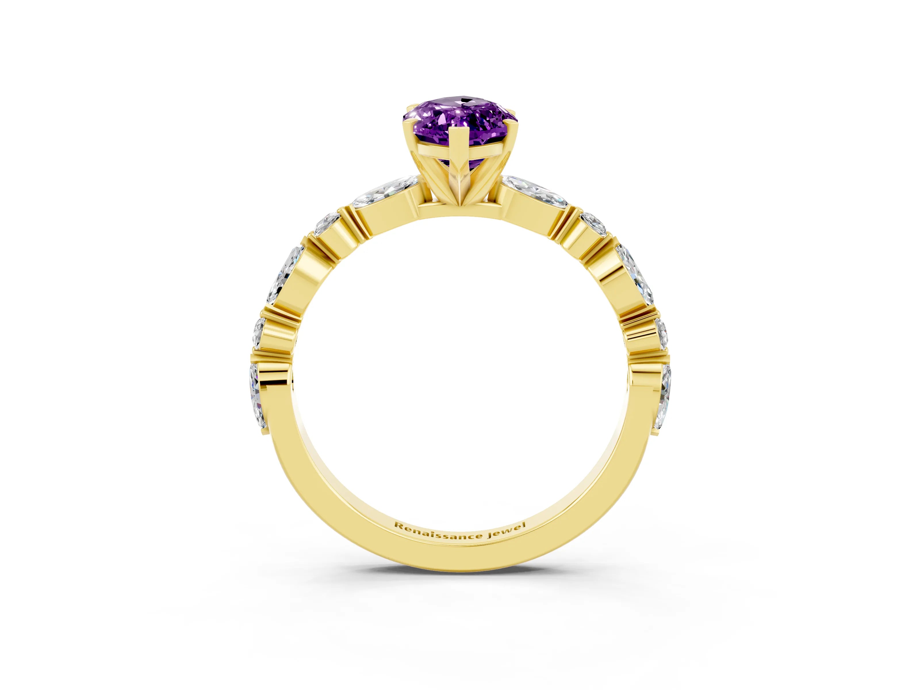 Yellow gold Marquise Cut Amethyst Solitaire with Side Stones on a Pavé Band and Four-Prong Setting_3