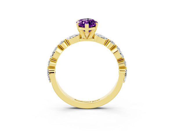 Yellow gold Marquise Cut Amethyst Ring with Marquise and Round  Side Stones and Four-Prong Setting