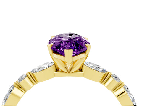 Yellow gold Marquise Cut Amethyst Solitaire with Side Stones on a Pavé Band and Four-Prong Setting_4
