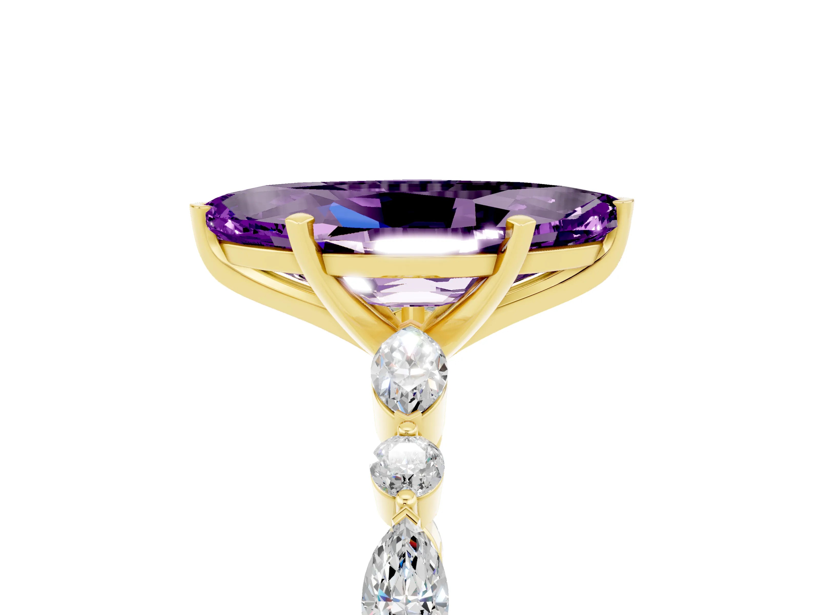 Yellow gold Marquise Cut Amethyst Solitaire with Side Stones on a Pavé Band and Four-Prong Setting_5
