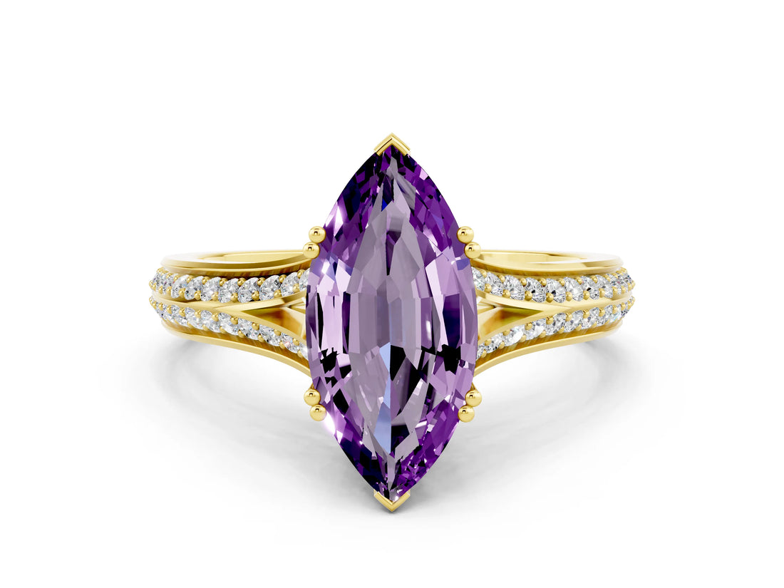 Yellow gold Marquise Cut Amethyst Split Shank Engagement Ring with Pavé Band
