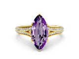 Yellow gold Marquise Cut Amethyst Split Shank Engagement Ring with Pavé Band