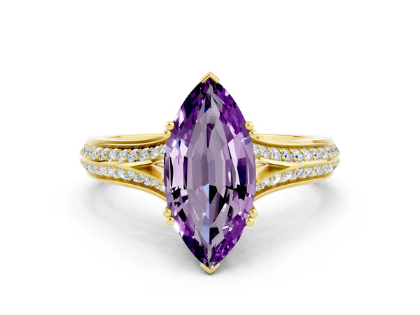 Yellow gold Marquise Cut Amethyst Split Shank Engagement Ring with Pavé Band