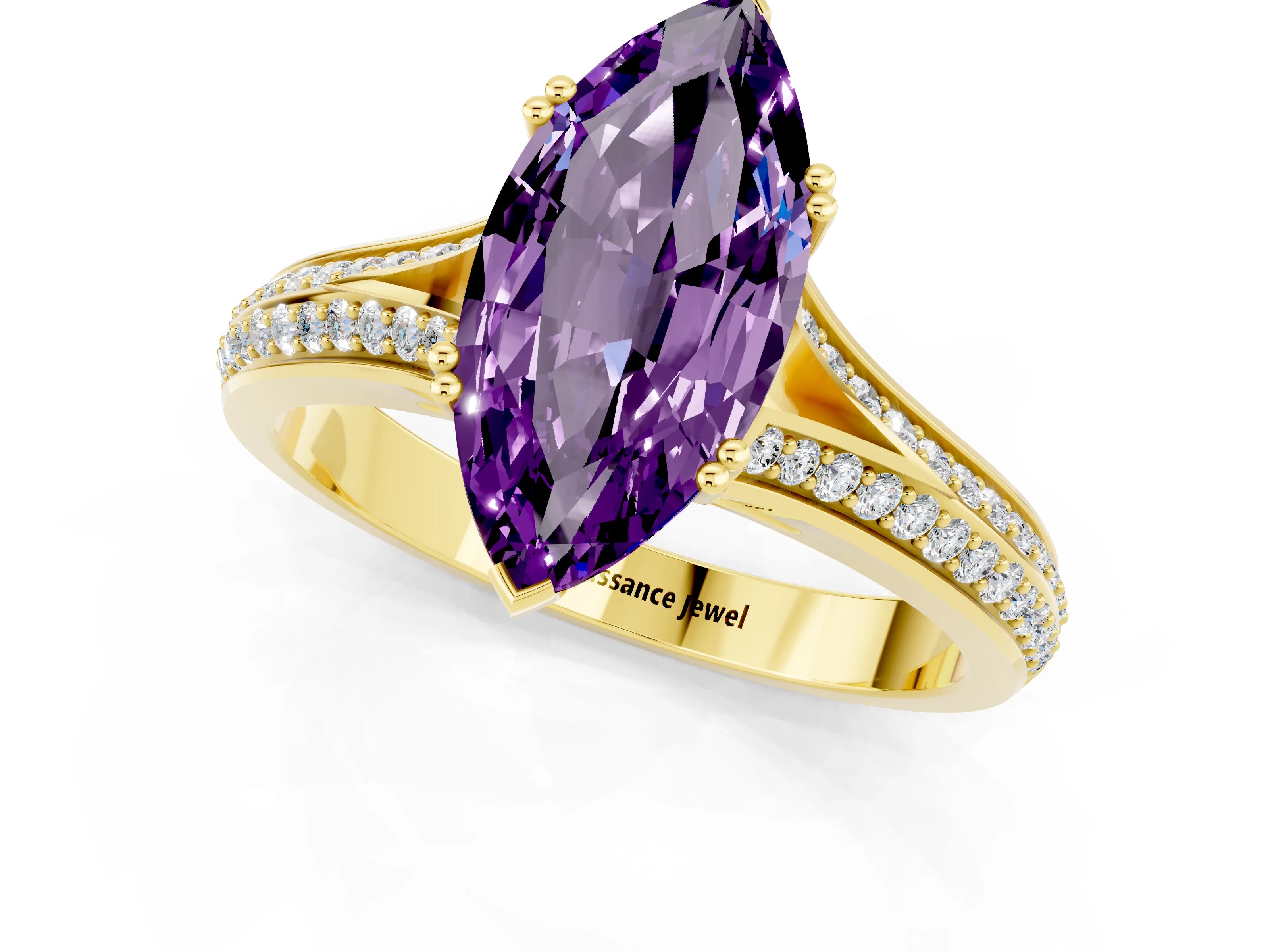 Yellow gold Marquise Cut Amethyst Split Shank Engagement Ring with Pavé Band_1