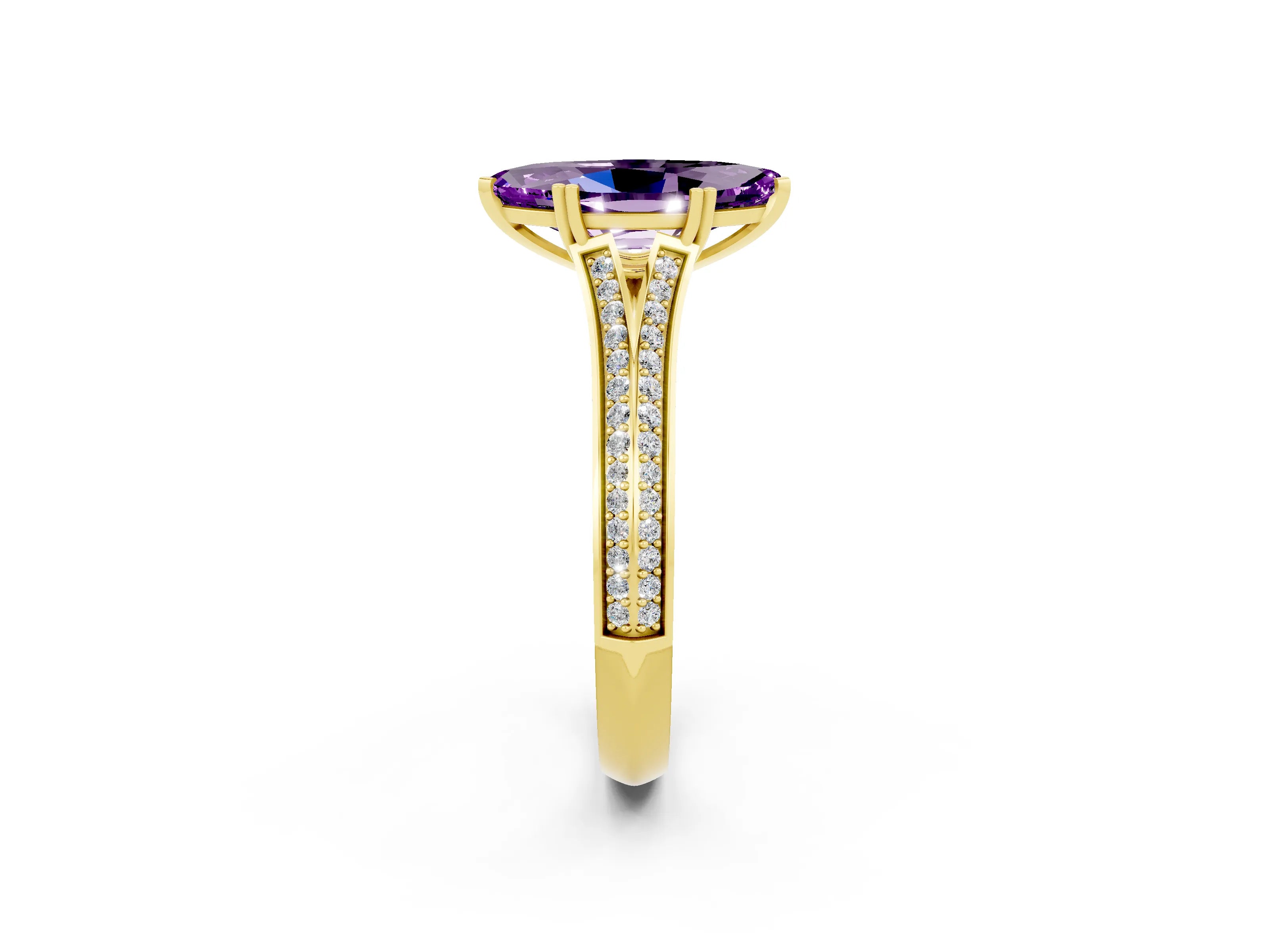 Yellow gold Marquise Cut Amethyst Split Shank Engagement Ring with Pavé Band_2