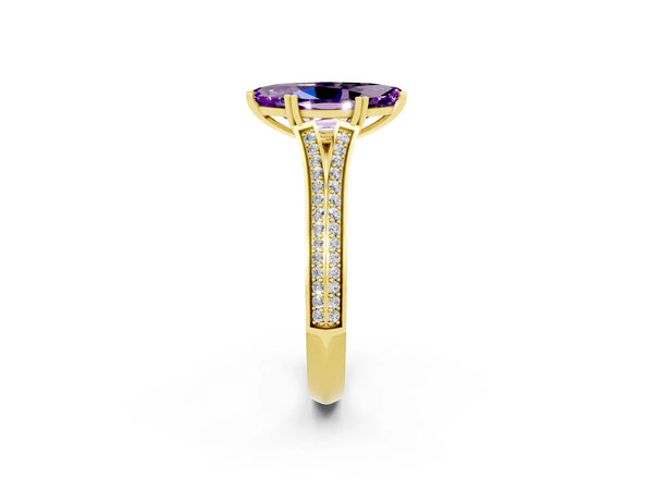 Yellow gold Marquise Cut Amethyst Split Shank Engagement Ring with Pavé Band
