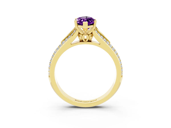 Yellow gold Marquise Cut Amethyst Split Shank Engagement Ring with Pavé Band