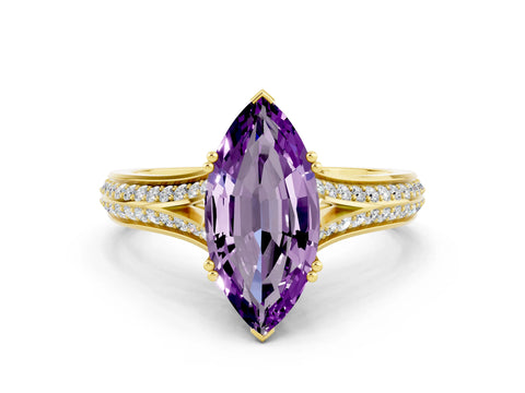 Yellow gold Marquise Cut Amethyst Split Shank Engagement Ring with Pavé Band