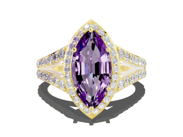 Yellow gold Marquise Cut Amethyst Split Shank Halo Ring with Four-Prong Setting