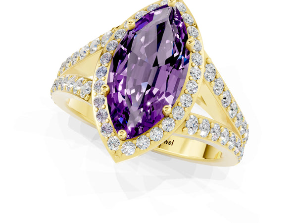 Yellow gold Marquise Cut Amethyst Split Shank Halo Ring with Four-Prong Setting