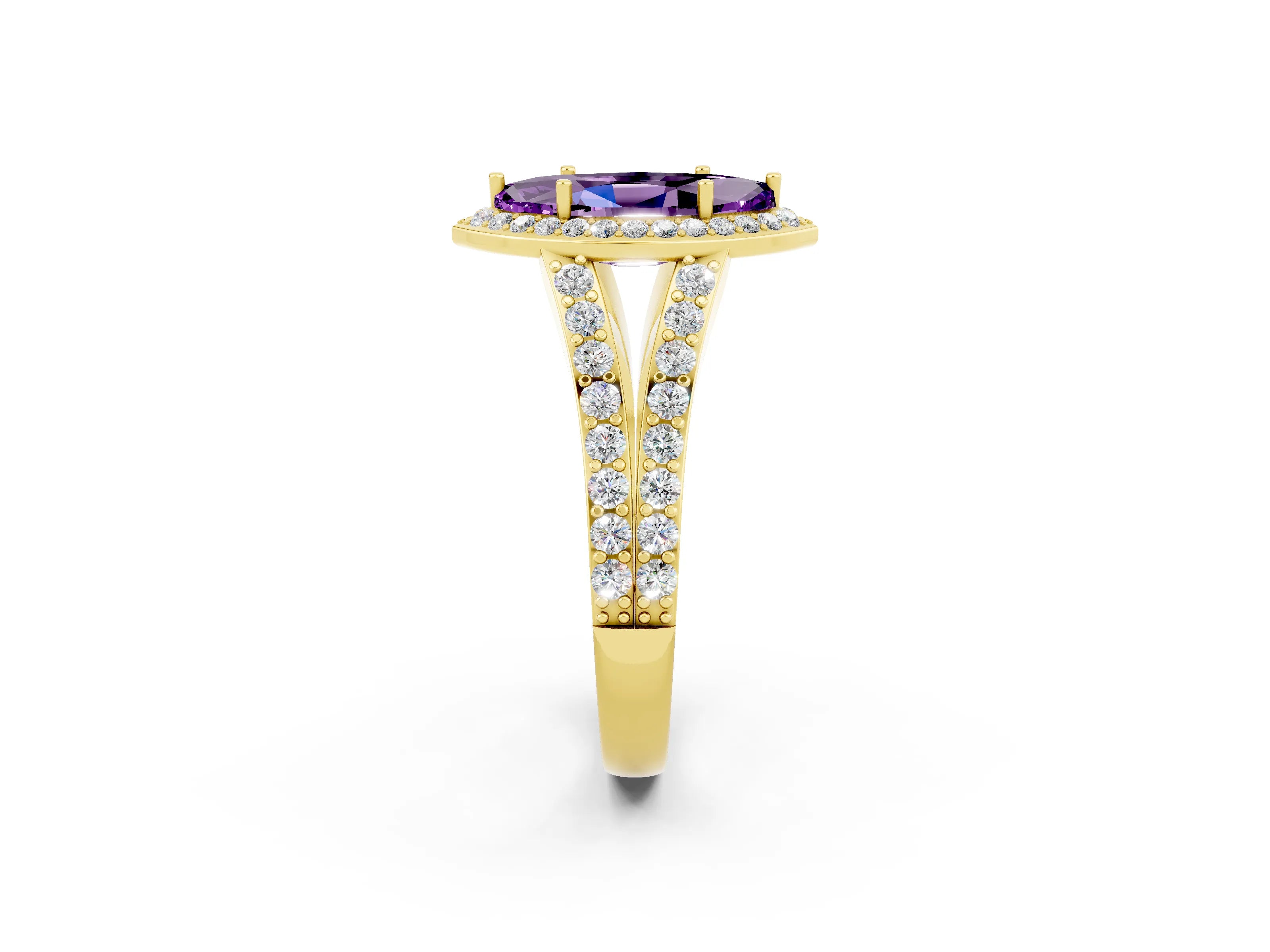 Yellow gold Marquise Cut Amethyst Split Shank Halo Ring with Four-Prong Setting_14