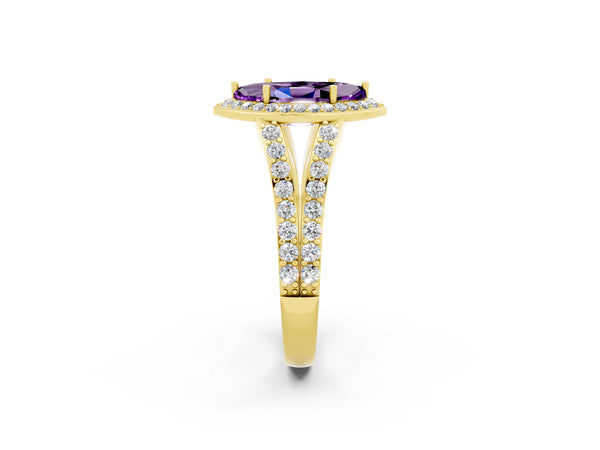 Yellow gold Marquise Cut Amethyst Split Shank Halo Ring with Four-Prong Setting