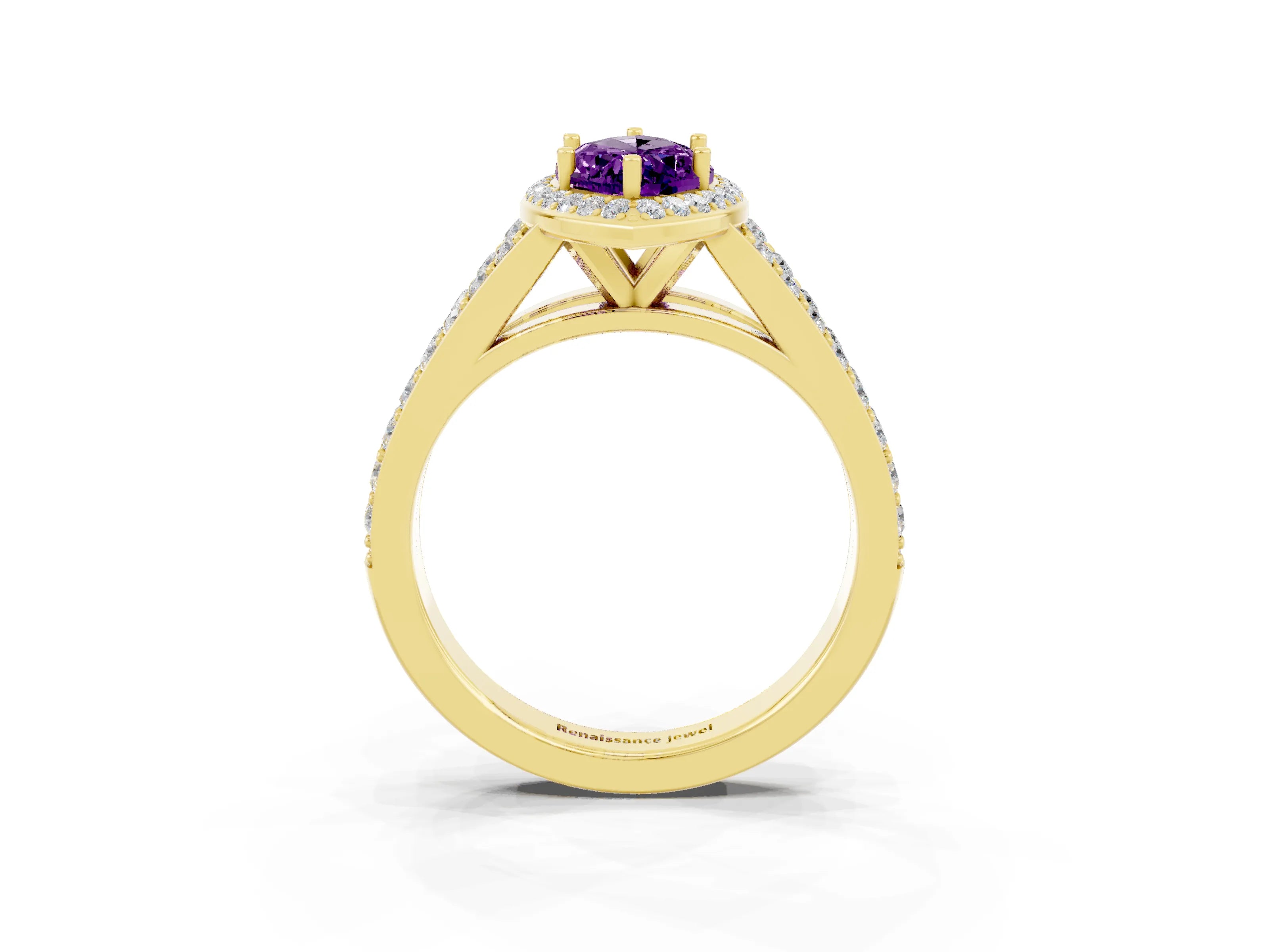 Yellow gold Marquise Cut Amethyst Split Shank Halo Ring with Four-Prong Setting_15