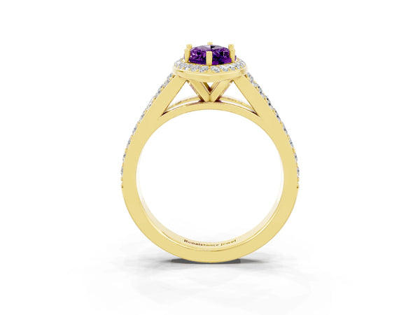 Yellow gold Marquise Cut Amethyst Split Shank Halo Ring with Four-Prong Setting