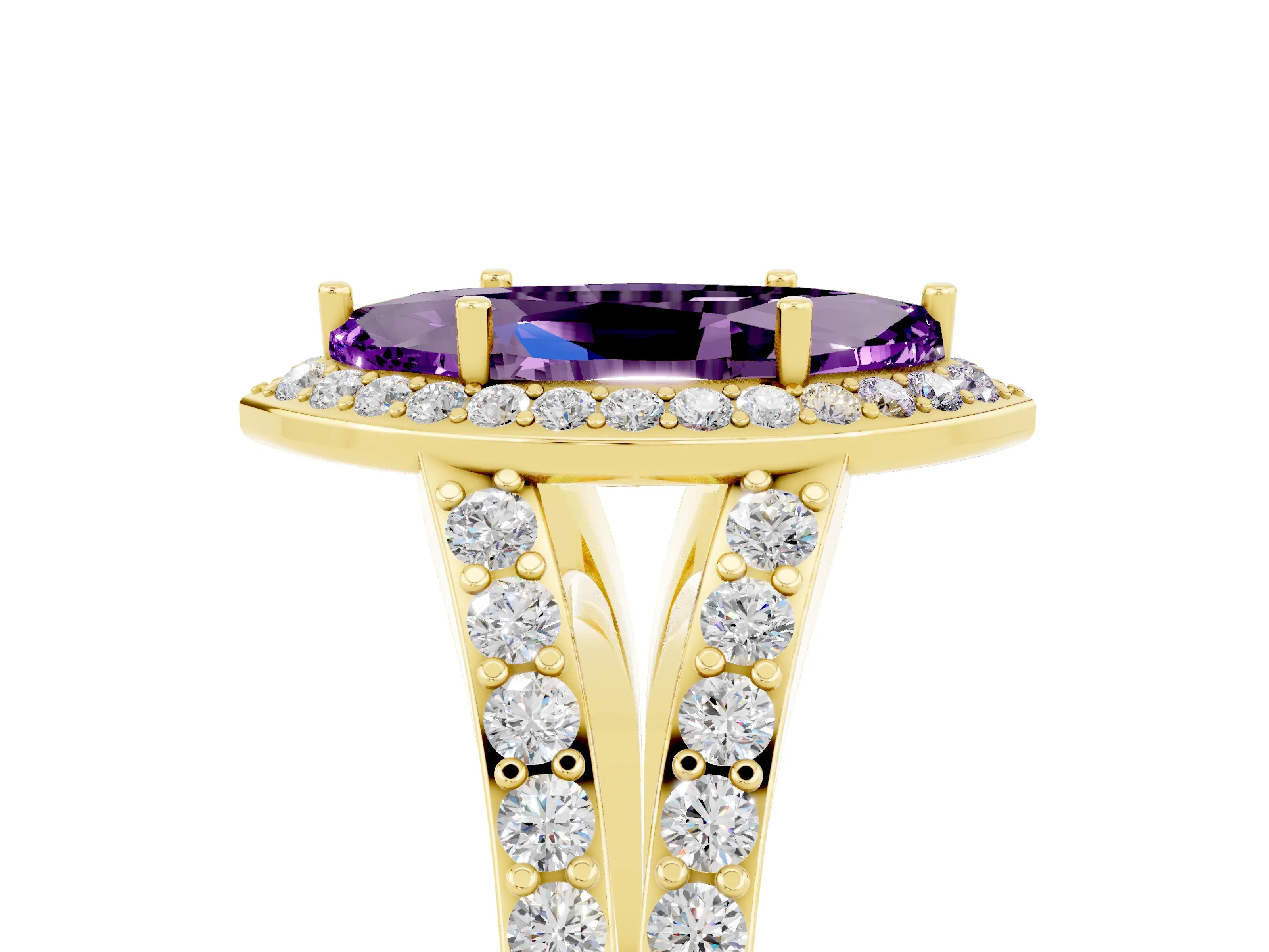 Yellow gold Marquise Cut Amethyst Split Shank Halo Ring with Four-Prong Setting_17