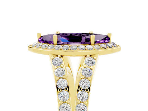 Yellow gold Marquise Cut Amethyst Split Shank Halo Ring with Four-Prong Setting_17