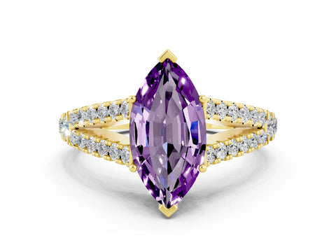 Yellow gold Marquise Cut Amethyst Split Shank Pavé Engagement Ring with Four-Prong Setting_12