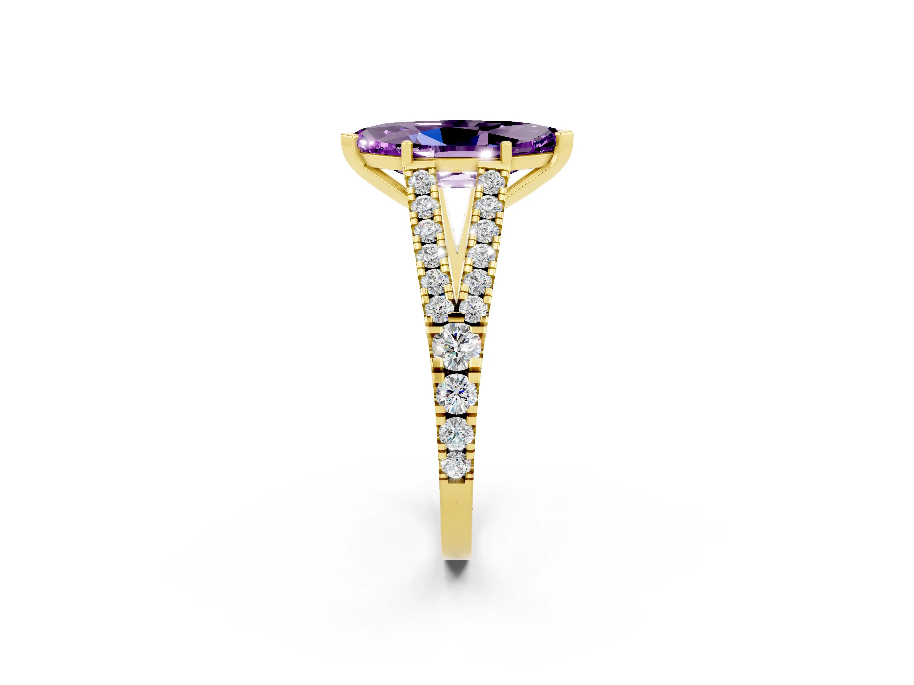 Yellow gold Marquise Cut Amethyst Split Shank Pavé Engagement Ring with Four-Prong Setting_14