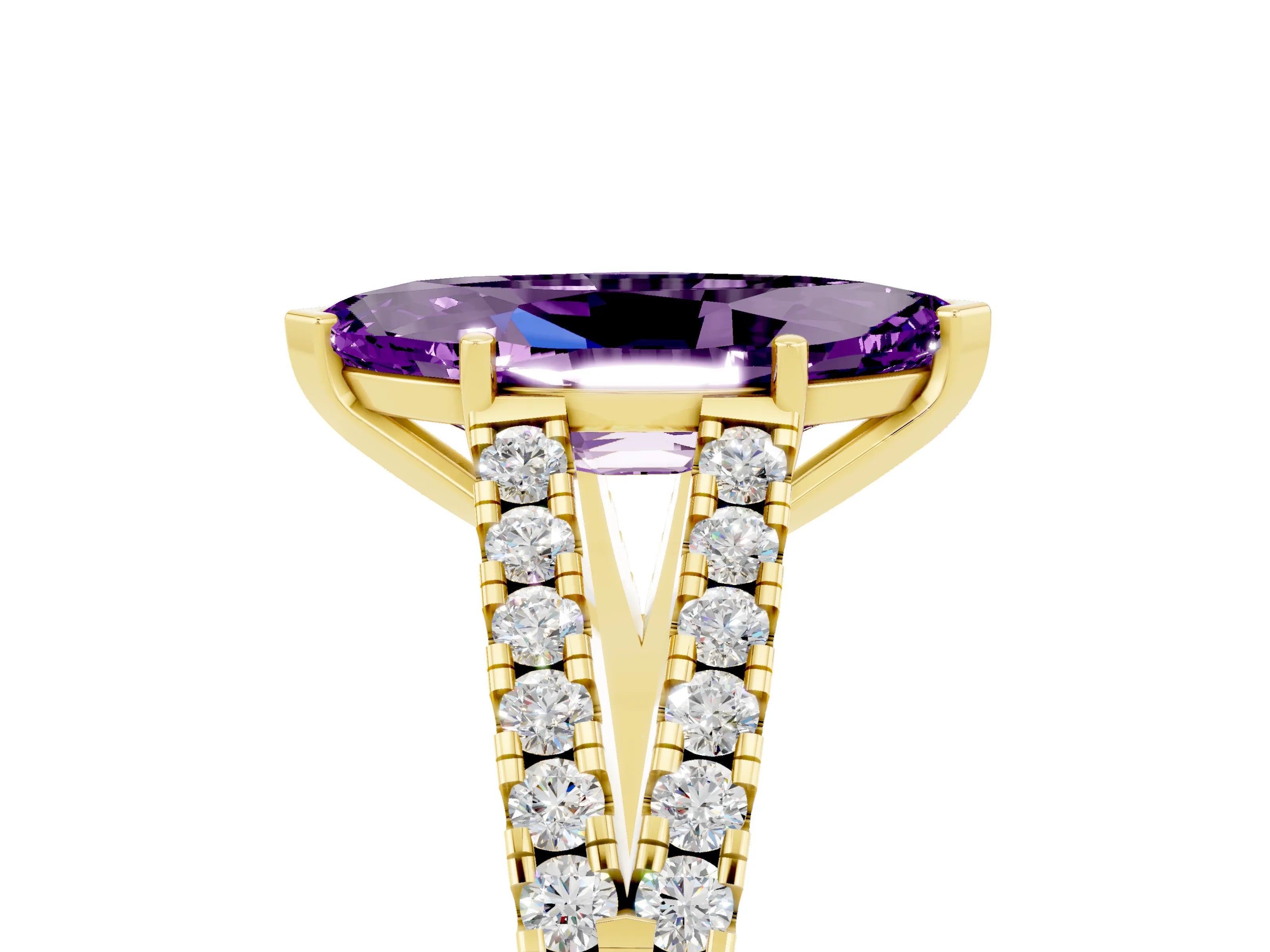 Yellow gold Marquise Cut Amethyst Split Shank Pavé Engagement Ring with Four-Prong Setting_17