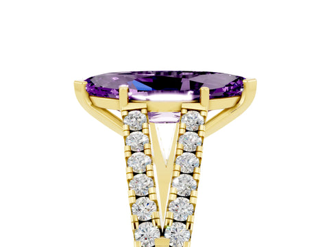Yellow gold Marquise Cut Amethyst Split Shank Pavé Engagement Ring with Four-Prong Setting_17