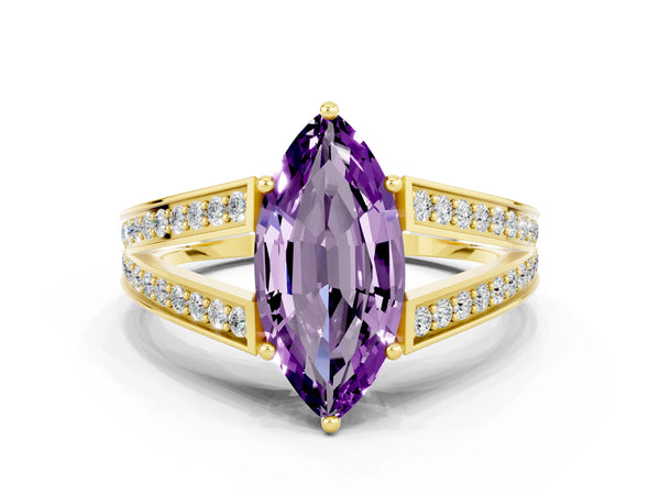Yellow gold Marquise Cut Amethyst Split Shank Ring with Pavé Band and Four-Prong Setting