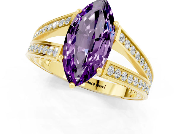 Yellow gold Marquise Cut Amethyst Split Shank Ring with Pavé Band and Four-Prong Setting