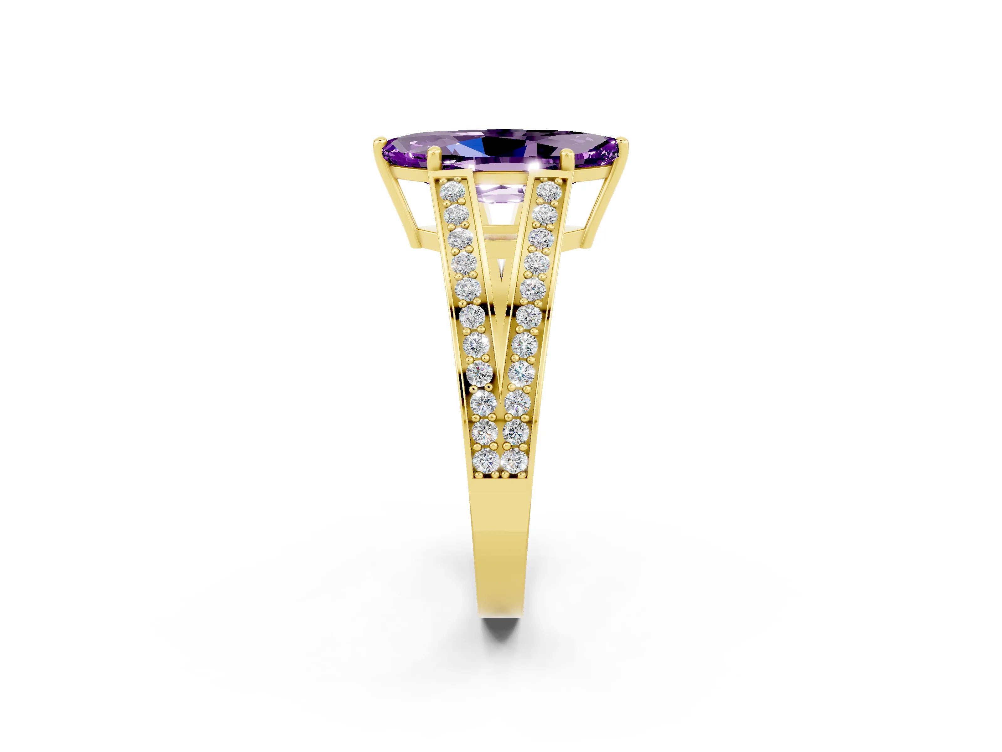 Yellow gold Marquise Cut Amethyst Split Shank Ring with Pavé Band and Four-Prong Setting_2