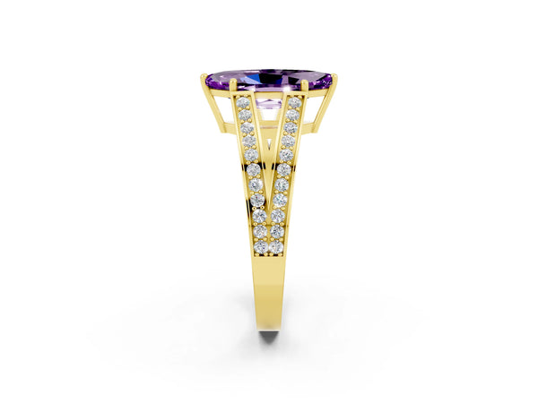 Yellow gold Marquise Cut Amethyst Split Shank Ring with Pavé Band and Four-Prong Setting
