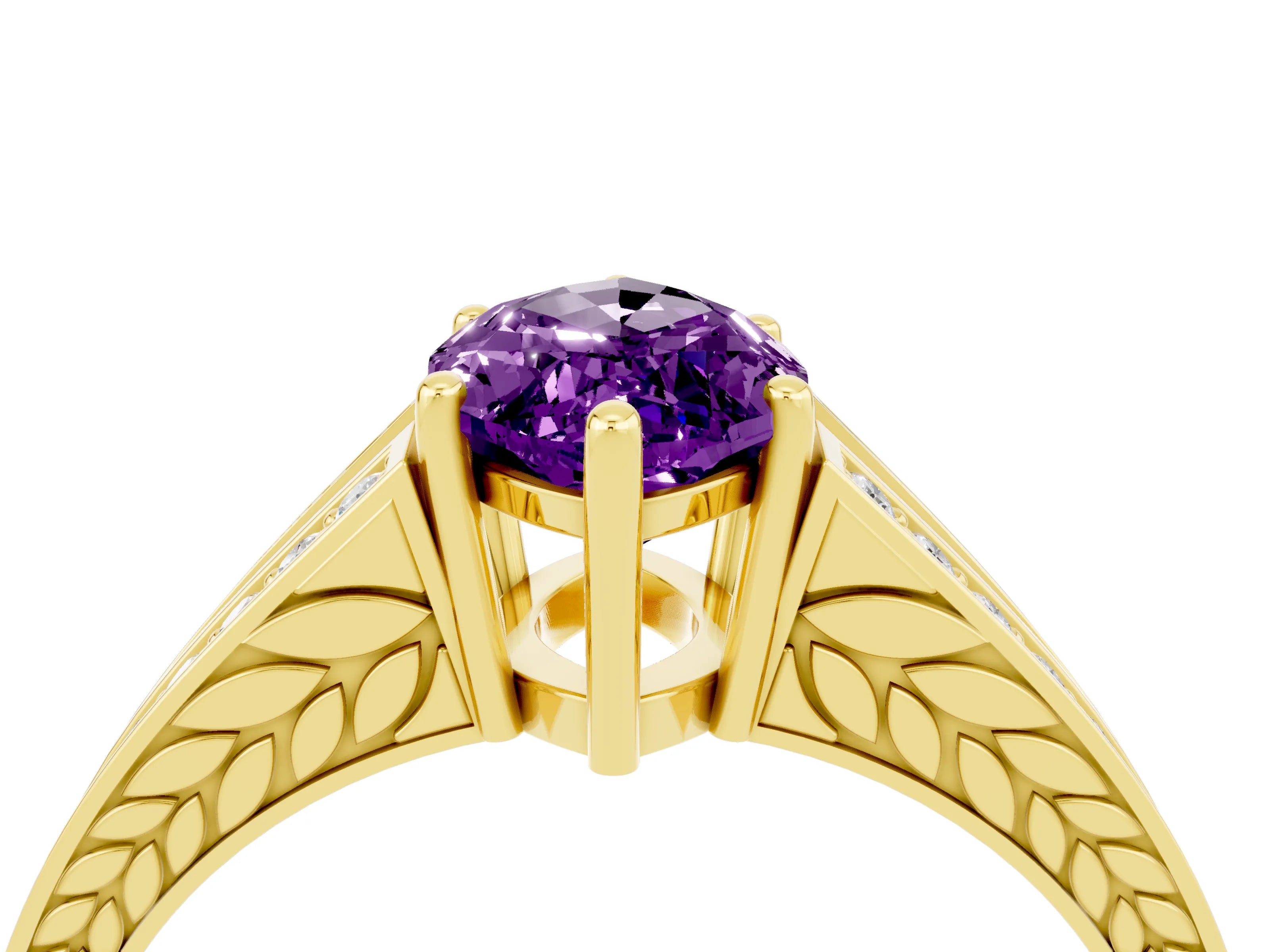 Yellow gold Marquise Cut Amethyst Split Shank Ring with Pavé Band and Four-Prong Setting_4