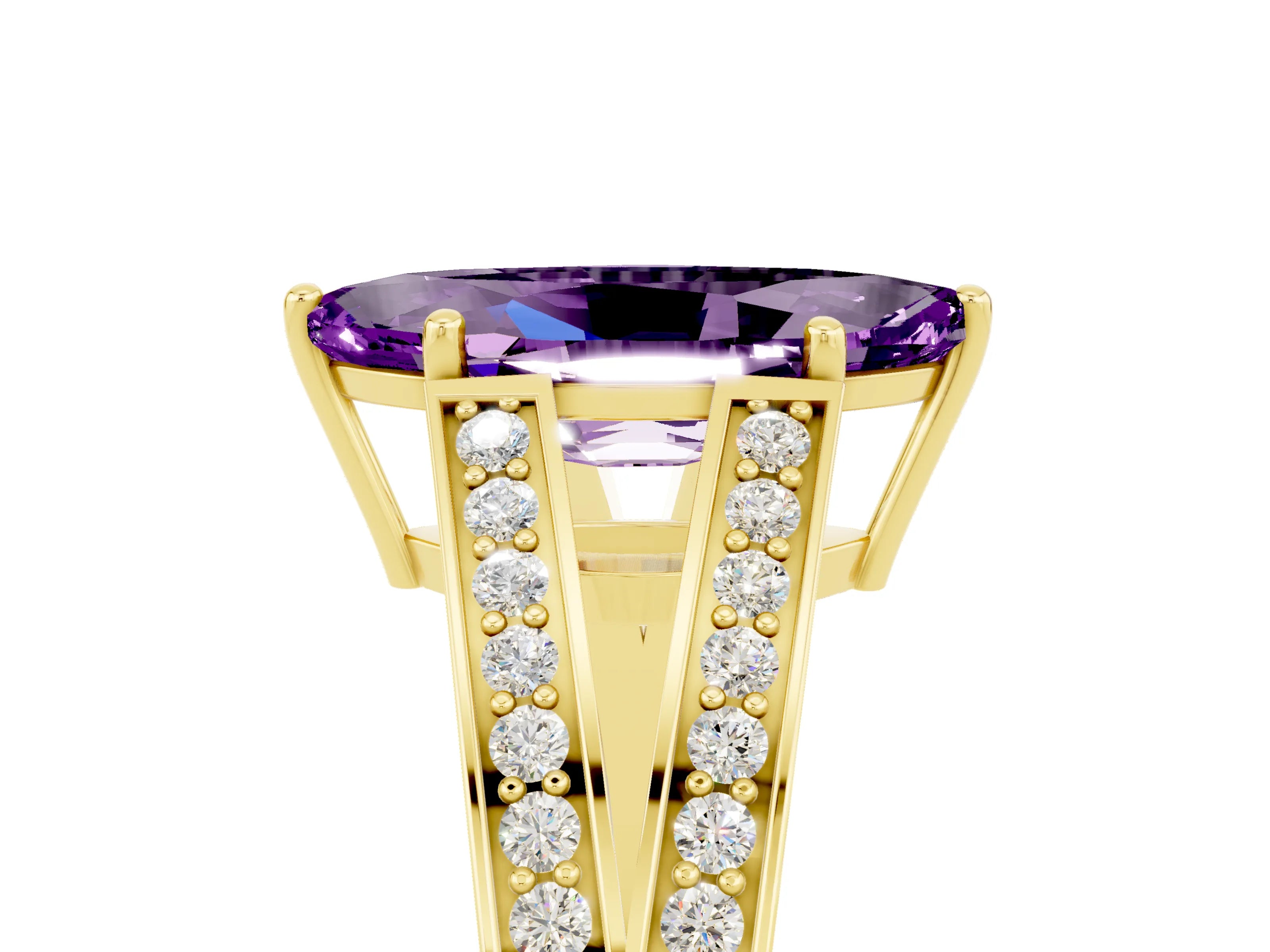 Yellow gold Marquise Cut Amethyst Split Shank Ring with Pavé Band and Four-Prong Setting_5
