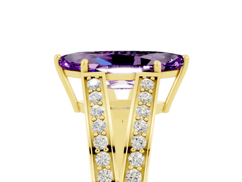 Yellow gold Marquise Cut Amethyst Split Shank Ring with Pavé Band and Four-Prong Setting_5