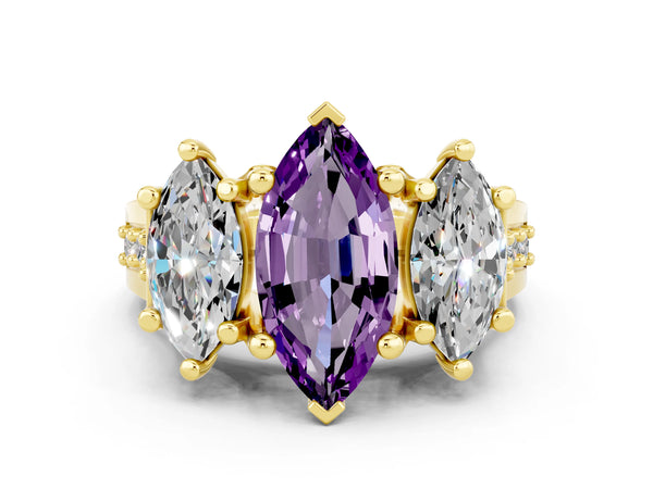 Yellow gold Marquise Cut Amethyst Three-Stone Ring with Channel Set Band and Four-Prong Setting