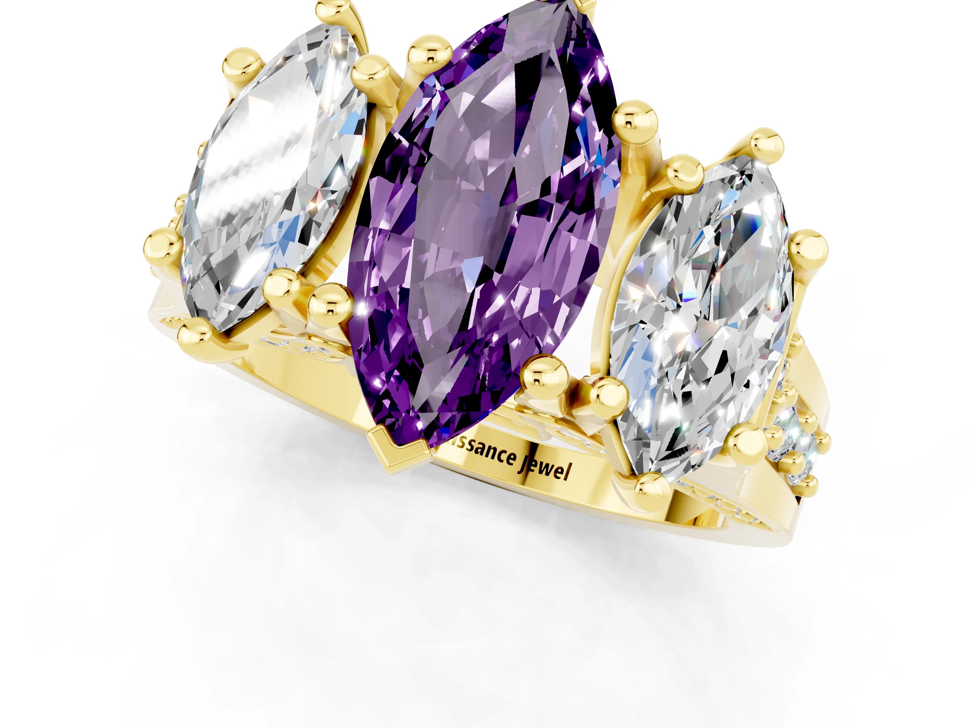 Yellow gold Marquise Cut Amethyst Three-Stone Ring with Channel Set Band and Four-Prong Setting_1