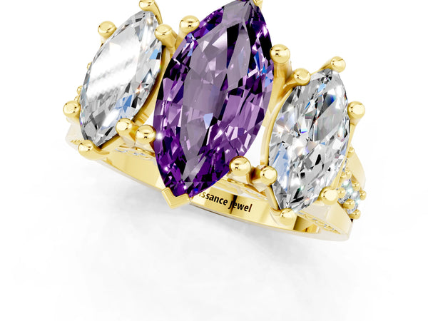 Yellow gold Marquise Cut Amethyst Three-Stone Ring with Channel Set Band and Four-Prong Setting