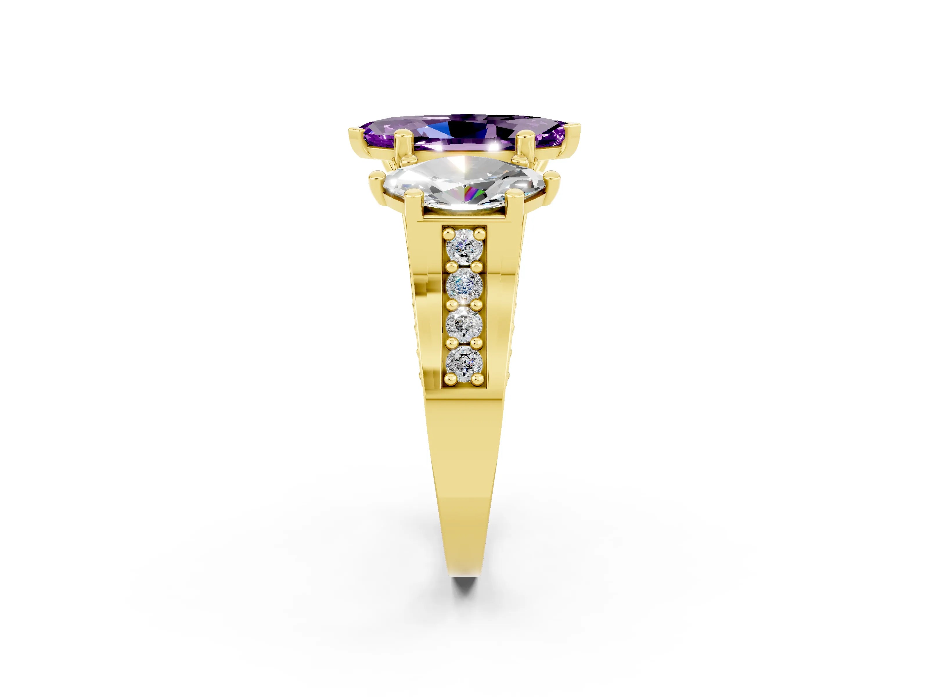 Yellow gold Marquise Cut Amethyst Three-Stone Ring with Channel Set Band and Four-Prong Setting_2