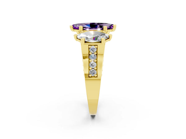Yellow gold Marquise Cut Amethyst Three-Stone Ring with Channel Set Band and Four-Prong Setting
