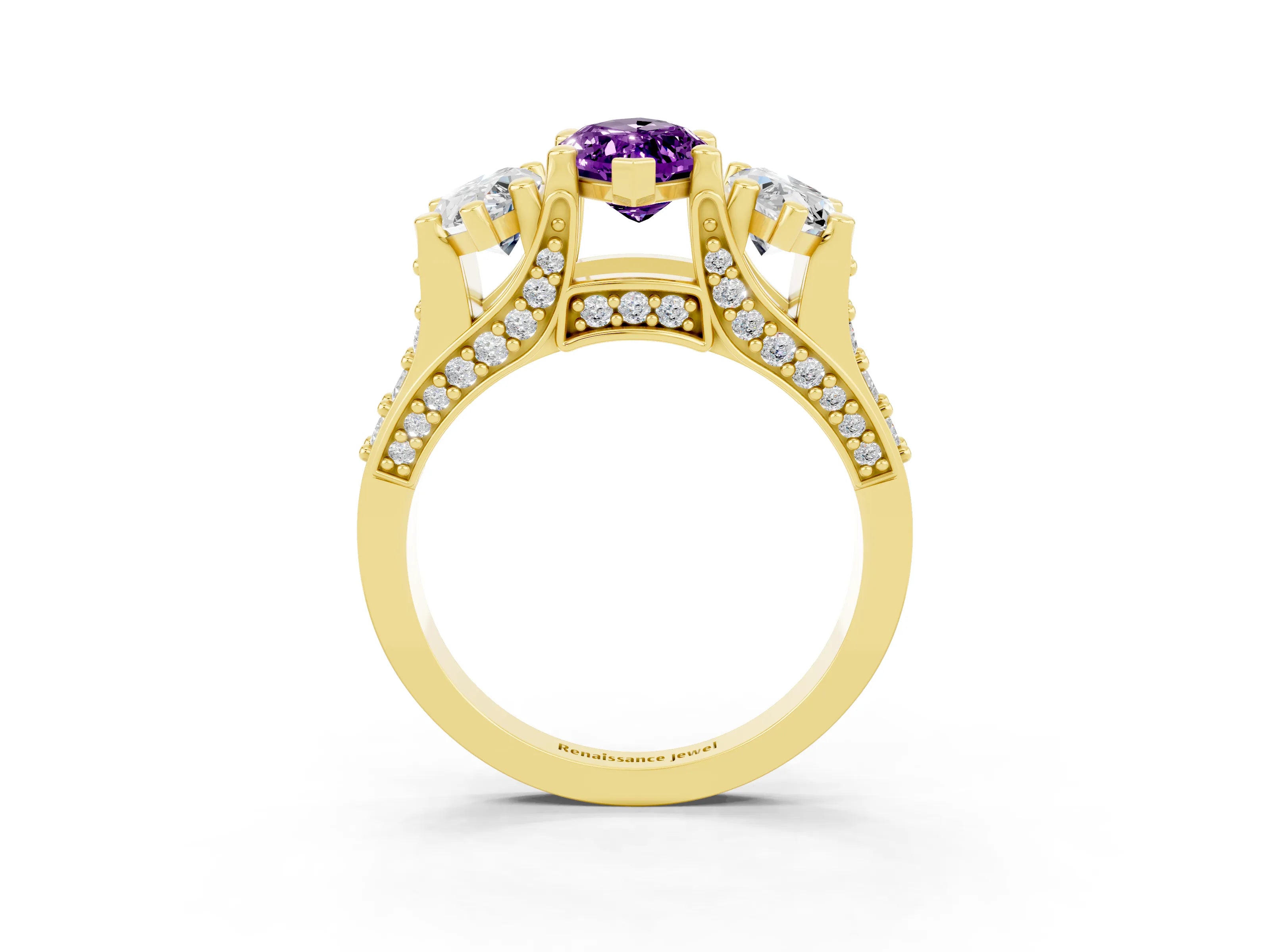 Yellow gold Marquise Cut Amethyst Three-Stone Ring with Channel Set Band and Four-Prong Setting_3